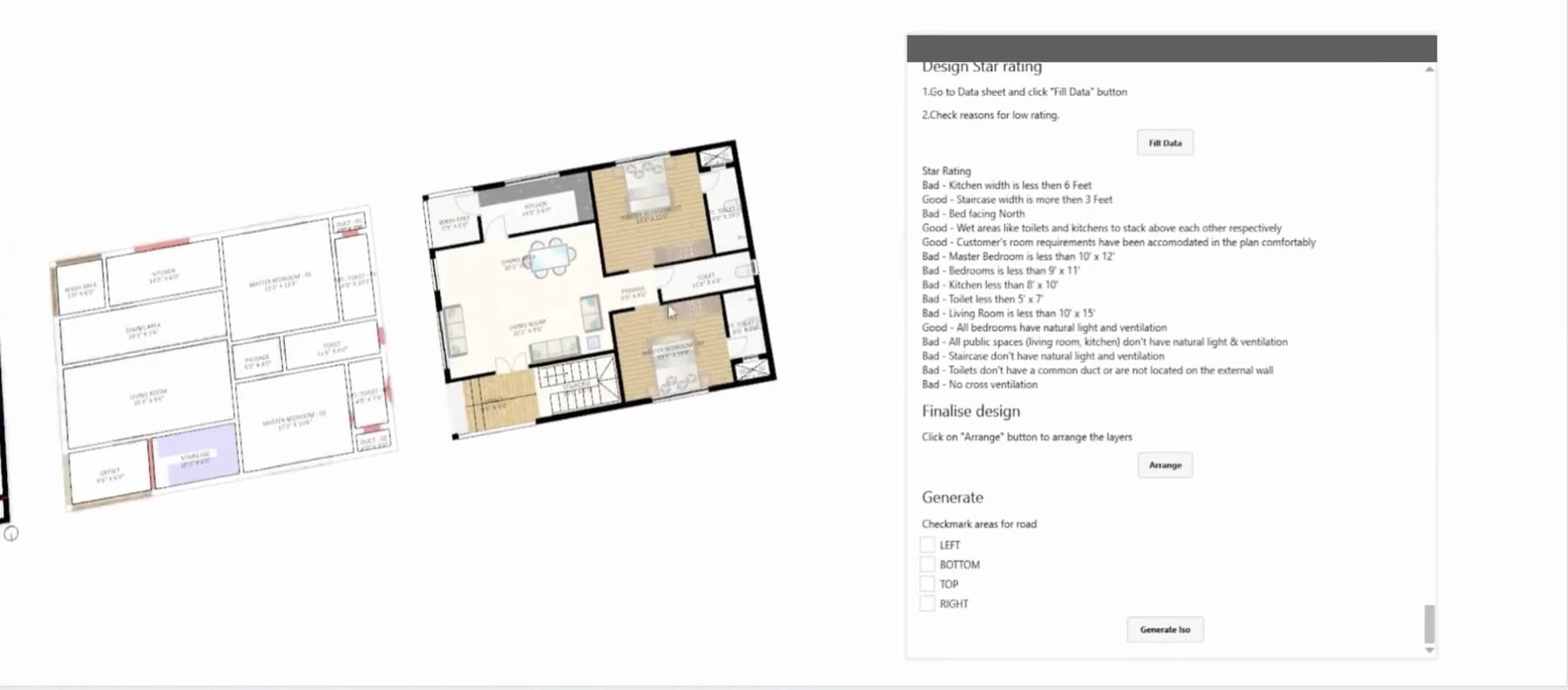 An auto-generated floor plan beside the rule-validation panel that scores it