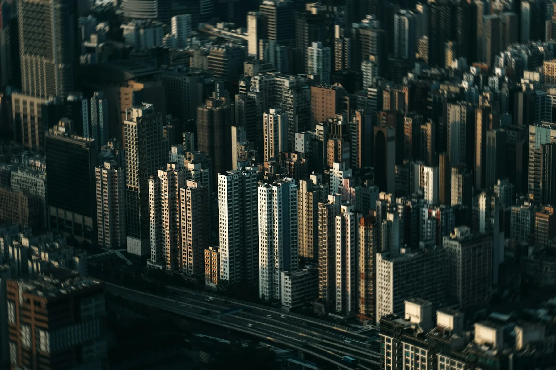 A dense residential district seen from above, tower blocks packed edge to edge in low afternoon light