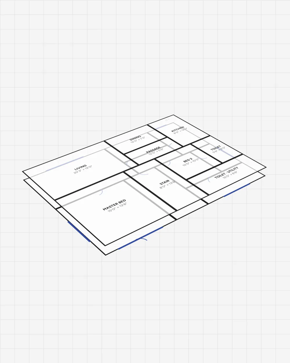 Re-enacted: a generated house plan lifted into an isometric 3D view