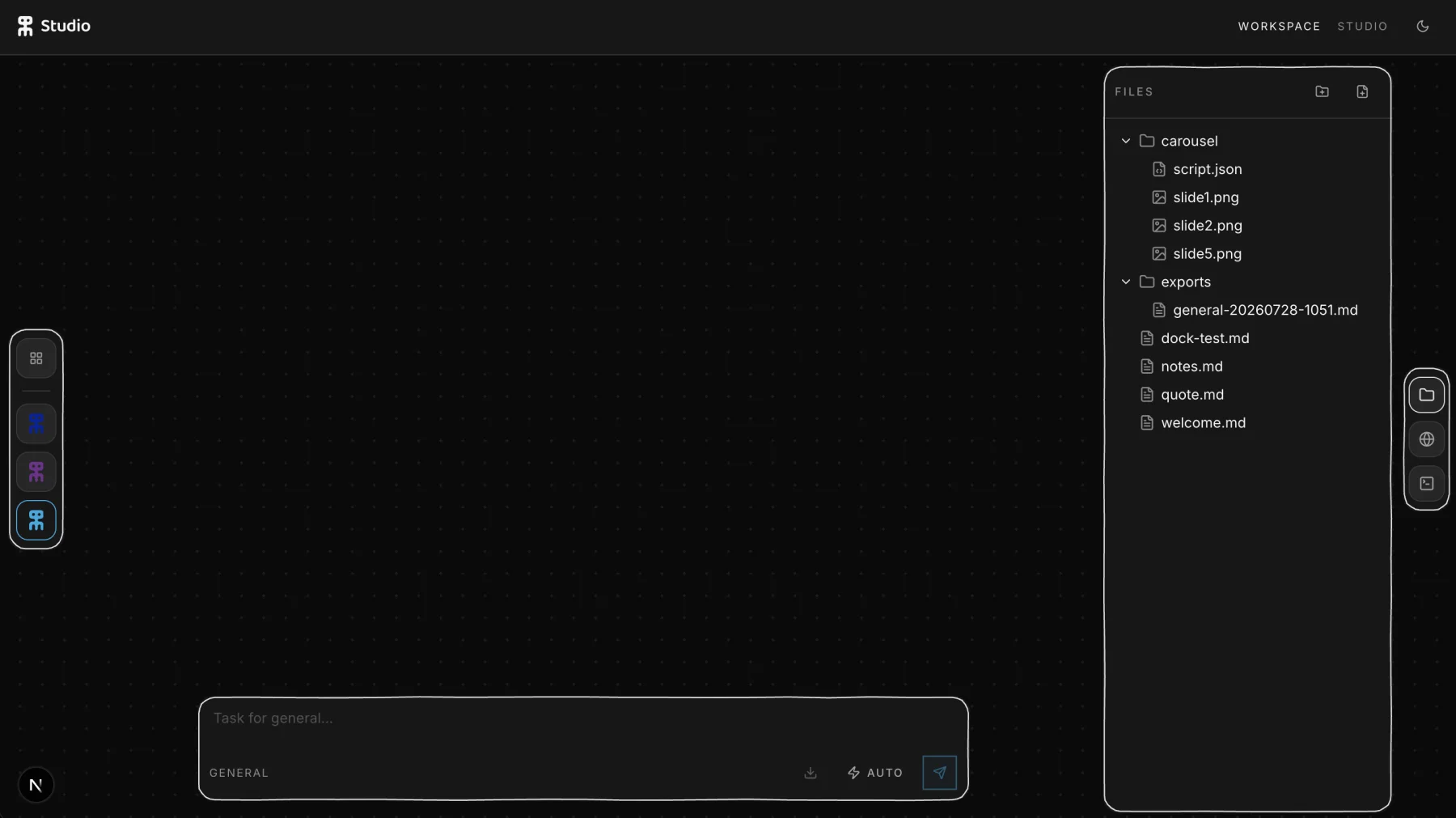 Studio, our agent workspace, showing a project file tree, the agent dock and a task prompt