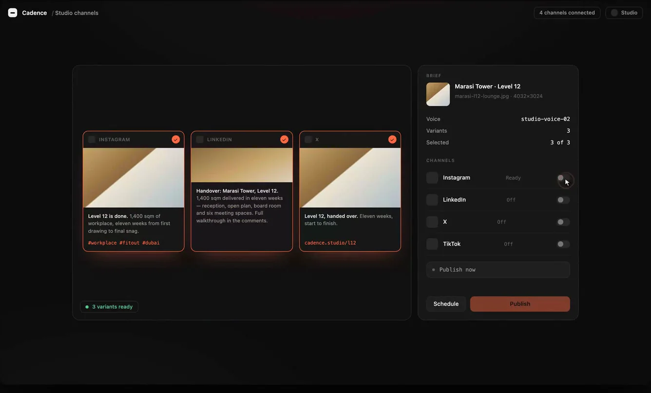 Cadence, our channel tool, turning one project brief into Instagram, LinkedIn and X variants in one brand voice