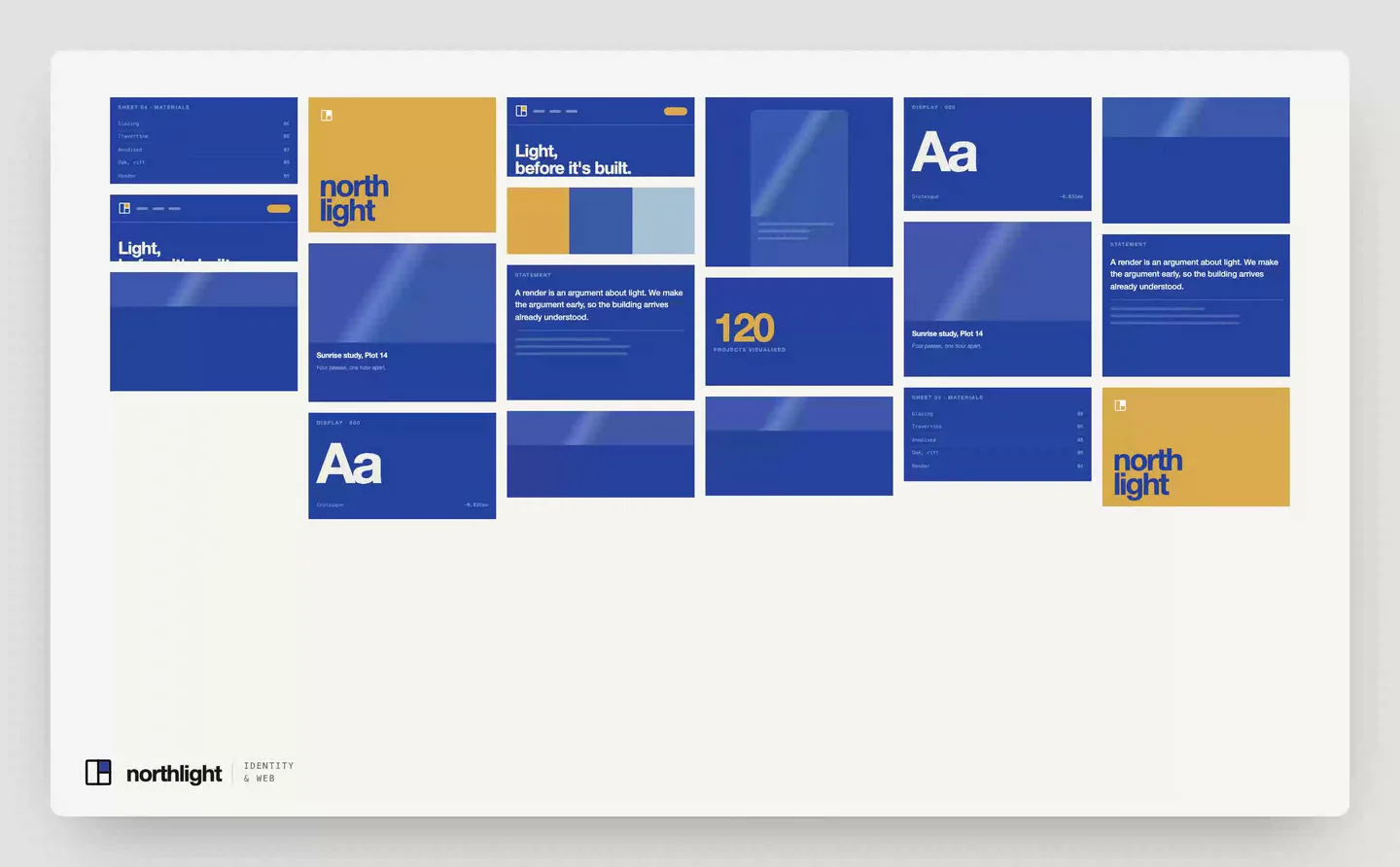 Northlight's identity system laid out as a grid of type, palette and layout assets in blue and gold