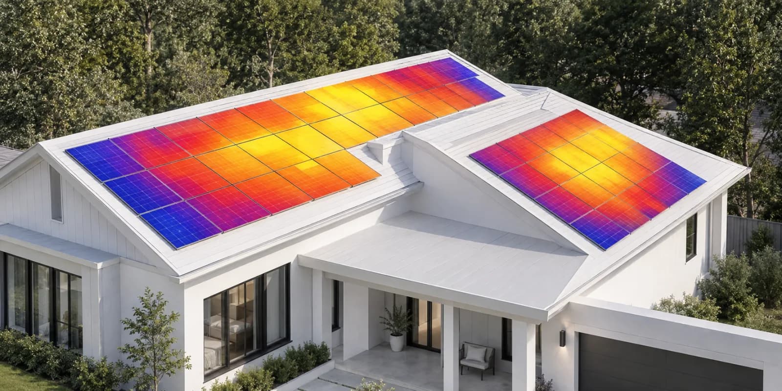A rooftop of solar panels rendered as a yield heat map, from the SunLead quotation tool